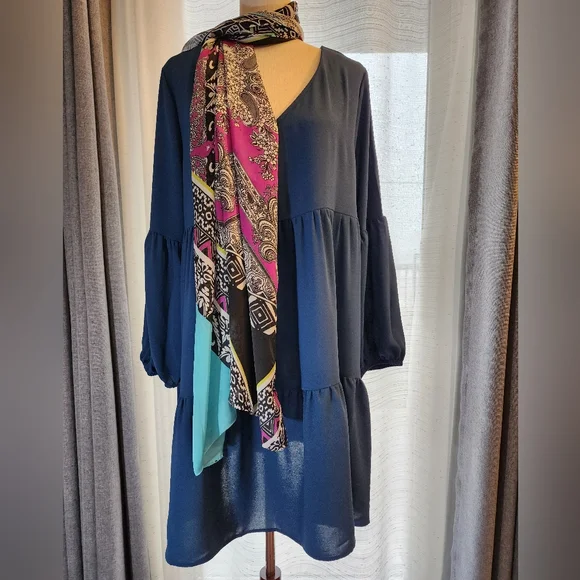 PINZIKO Long Sleeve Tunic Dress V Neck Casual Loose Flowy Swing Shift Dress M/L - Picture 2 of 14